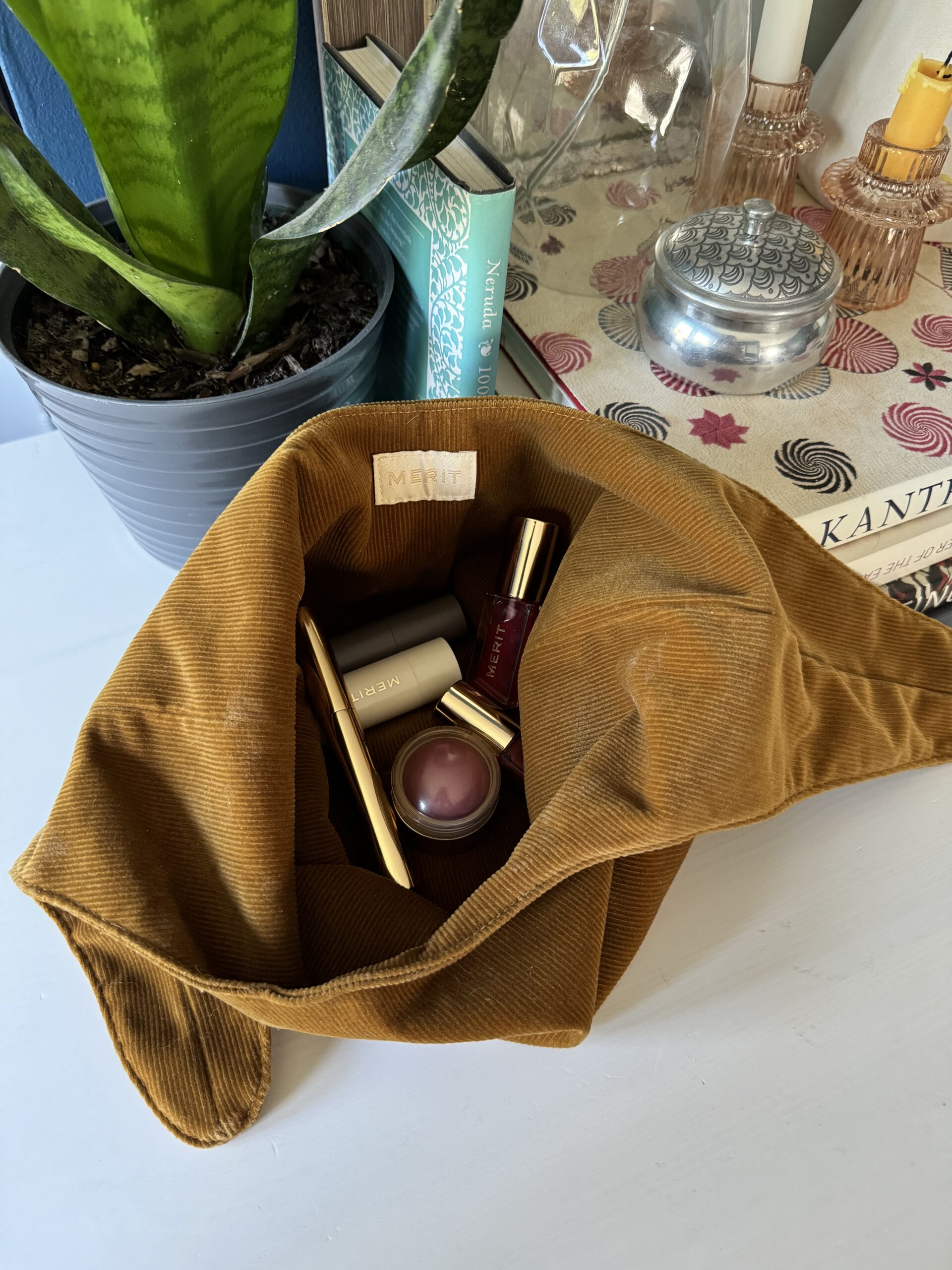 Velvet cosmetic bag with makeup products on a table next to a potted plant.