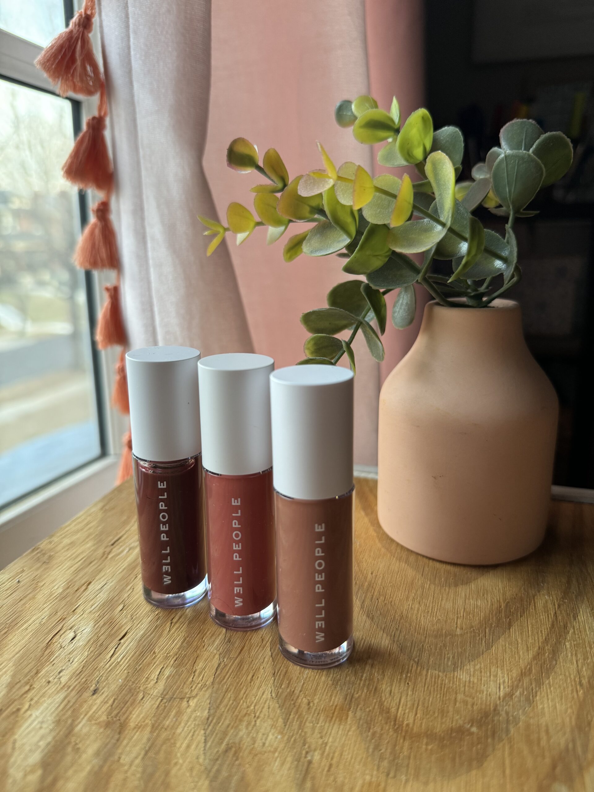 Three lip glosses sitting on a table next to a plant.
