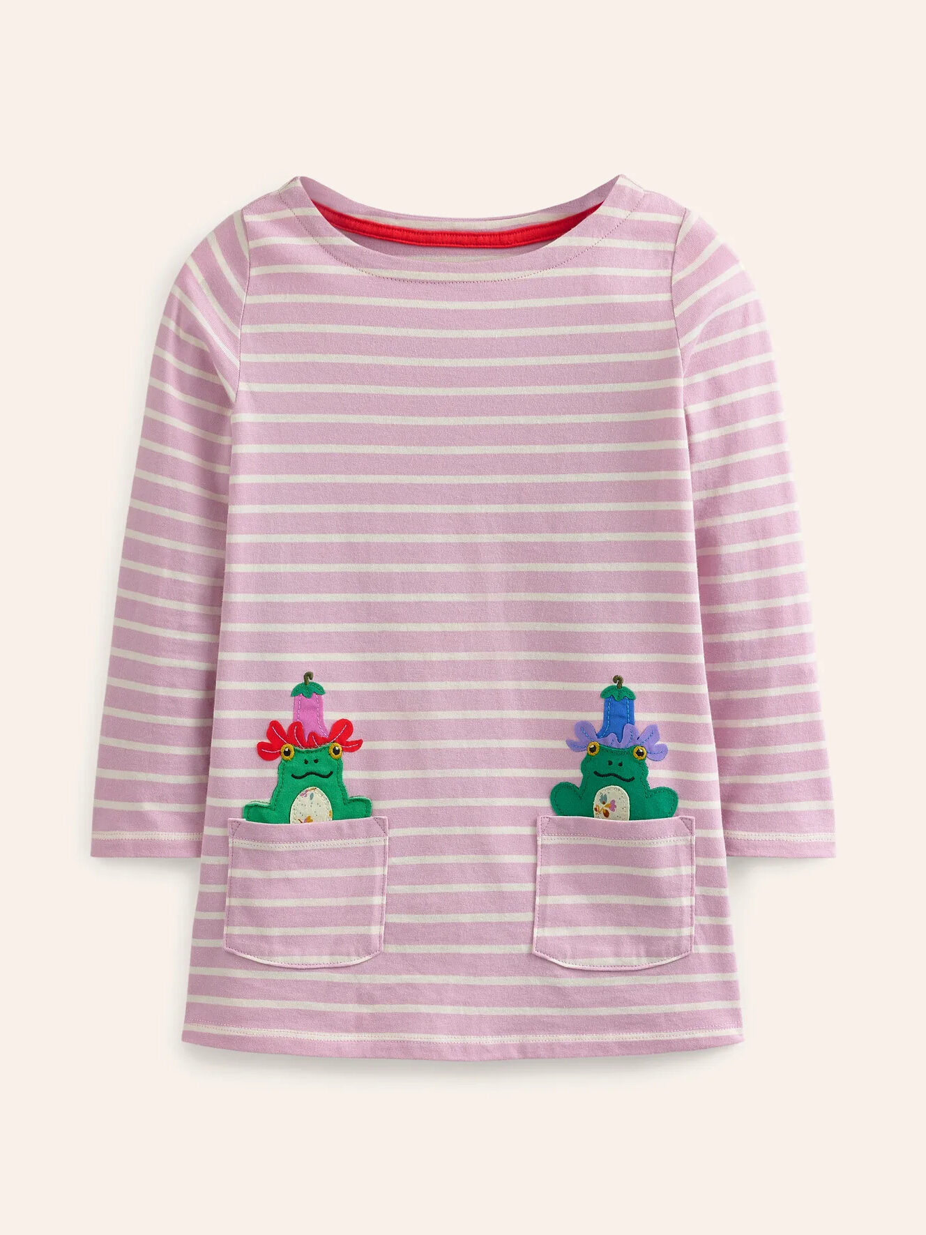 A pink striped t - shirt with embroidered flowers.