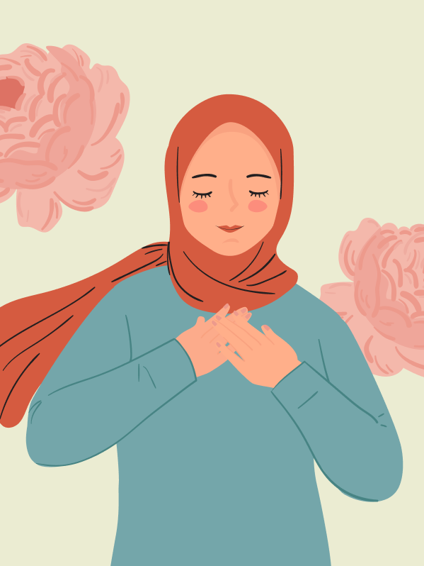 An animated image of a woman wearing a headscarf, with her hands on her hard.