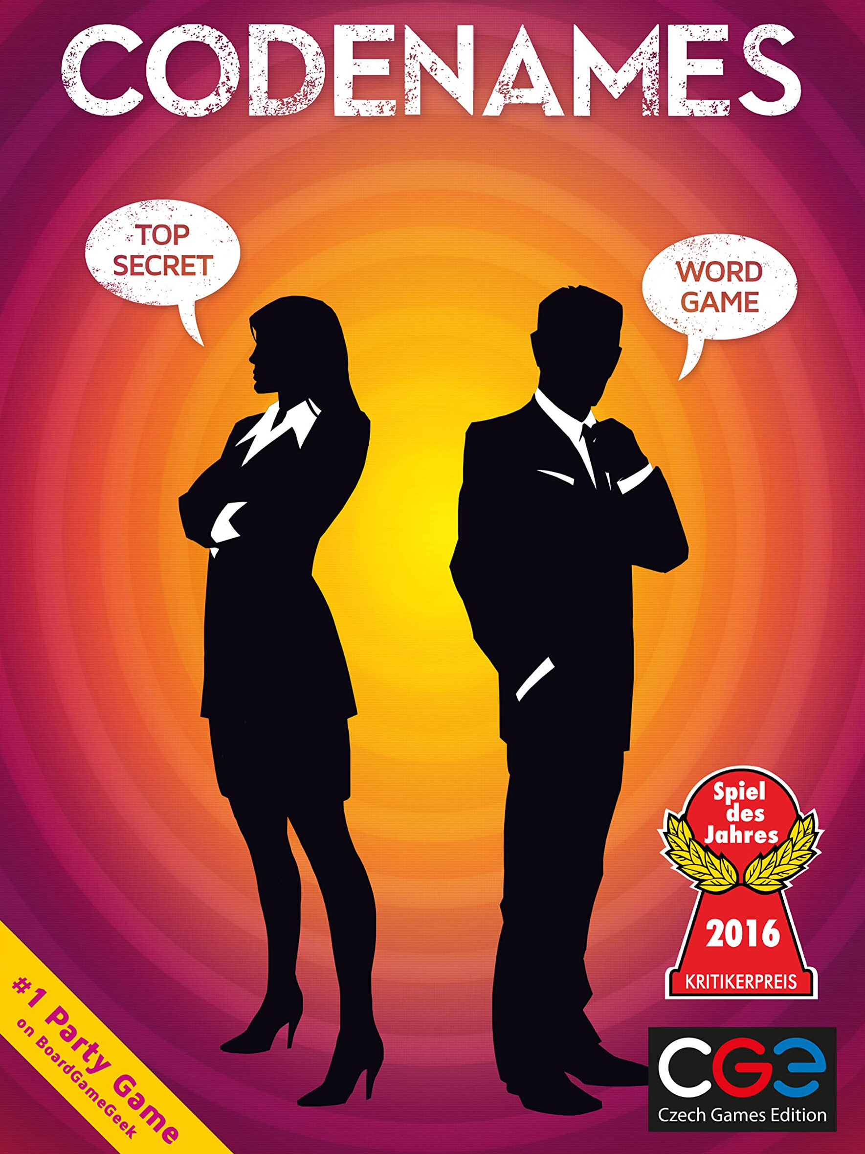 Promotional poster of the 'codenames' word game featuring silhouettes of a man and a woman with an award badge for spiel des jahres 2016.