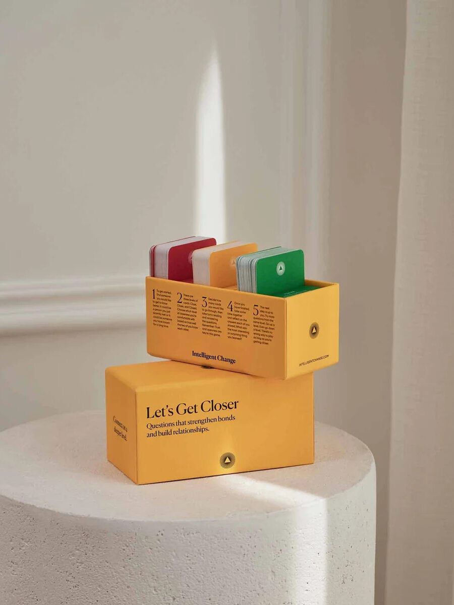 A stack of conversation cards in their yellow box.