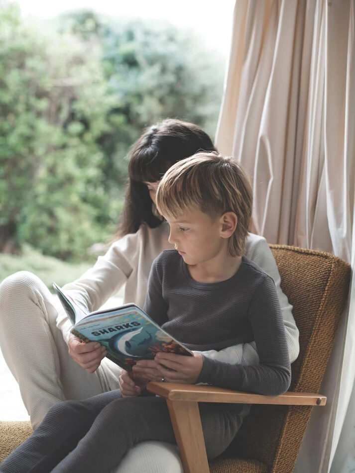 A woman and child reading a book in a chair.