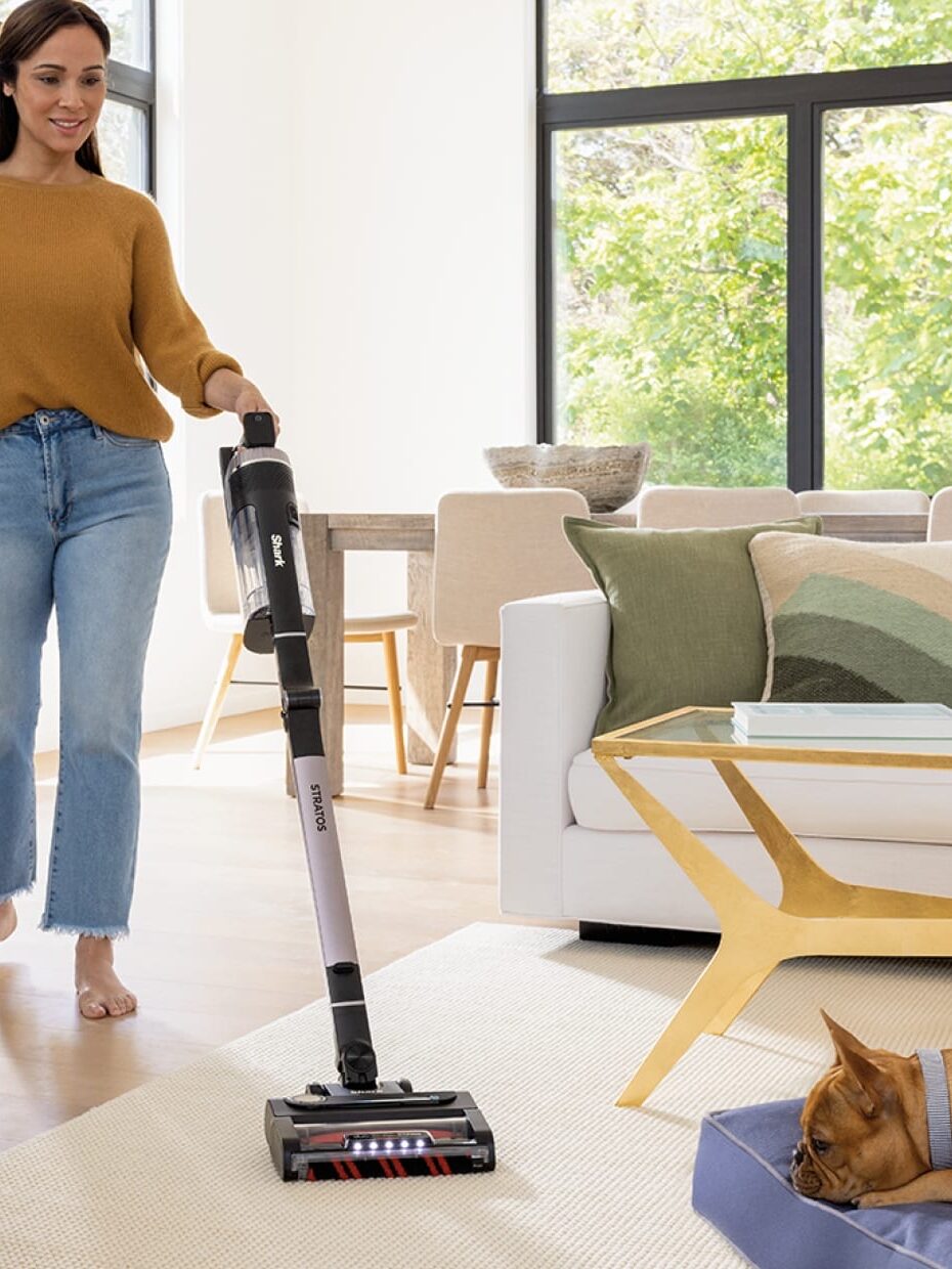 A woman using a cordless vacuum cleaner in a bright, modern living room while a small dog rests on a bed nearby.