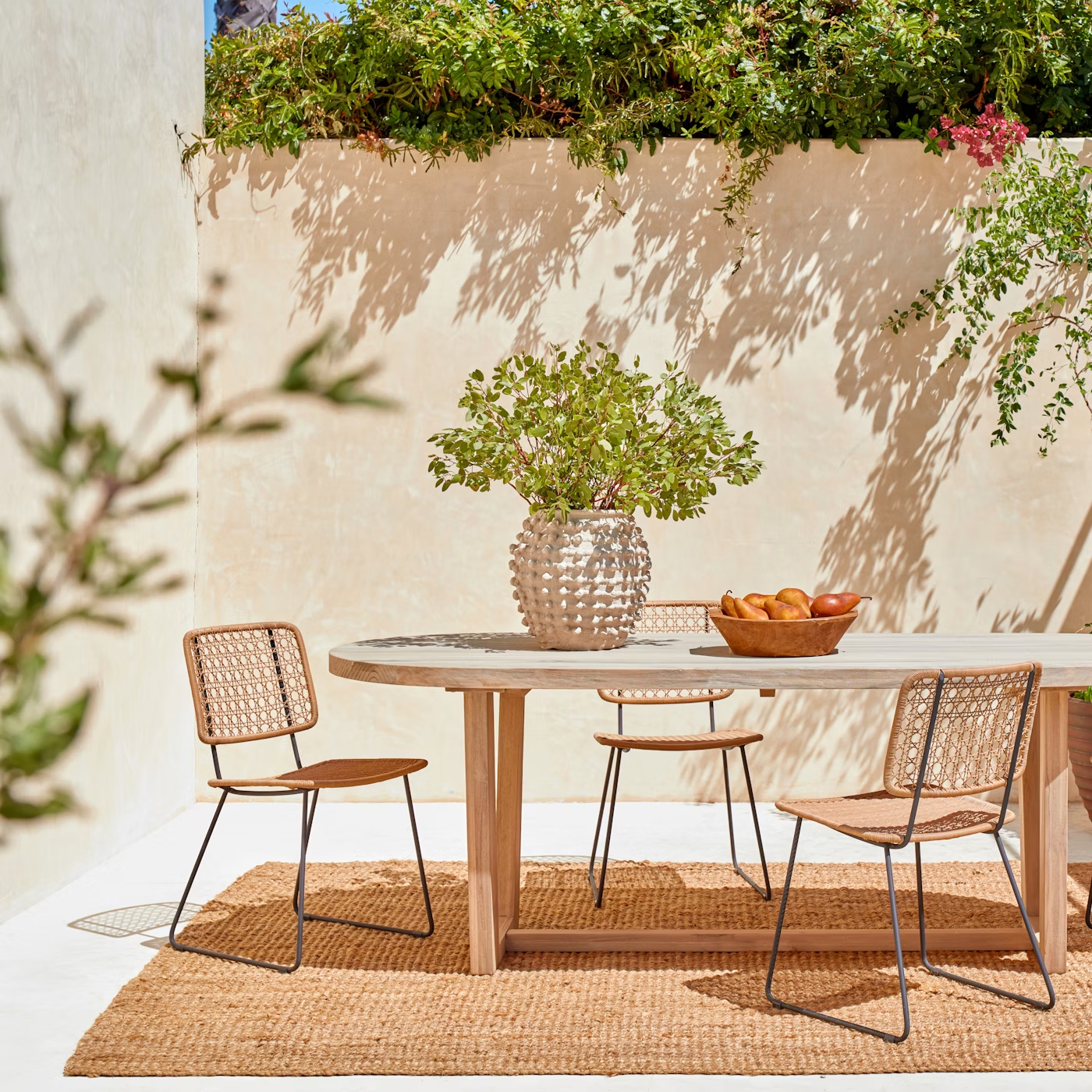 An outdoor dining table with chairs and a rug.