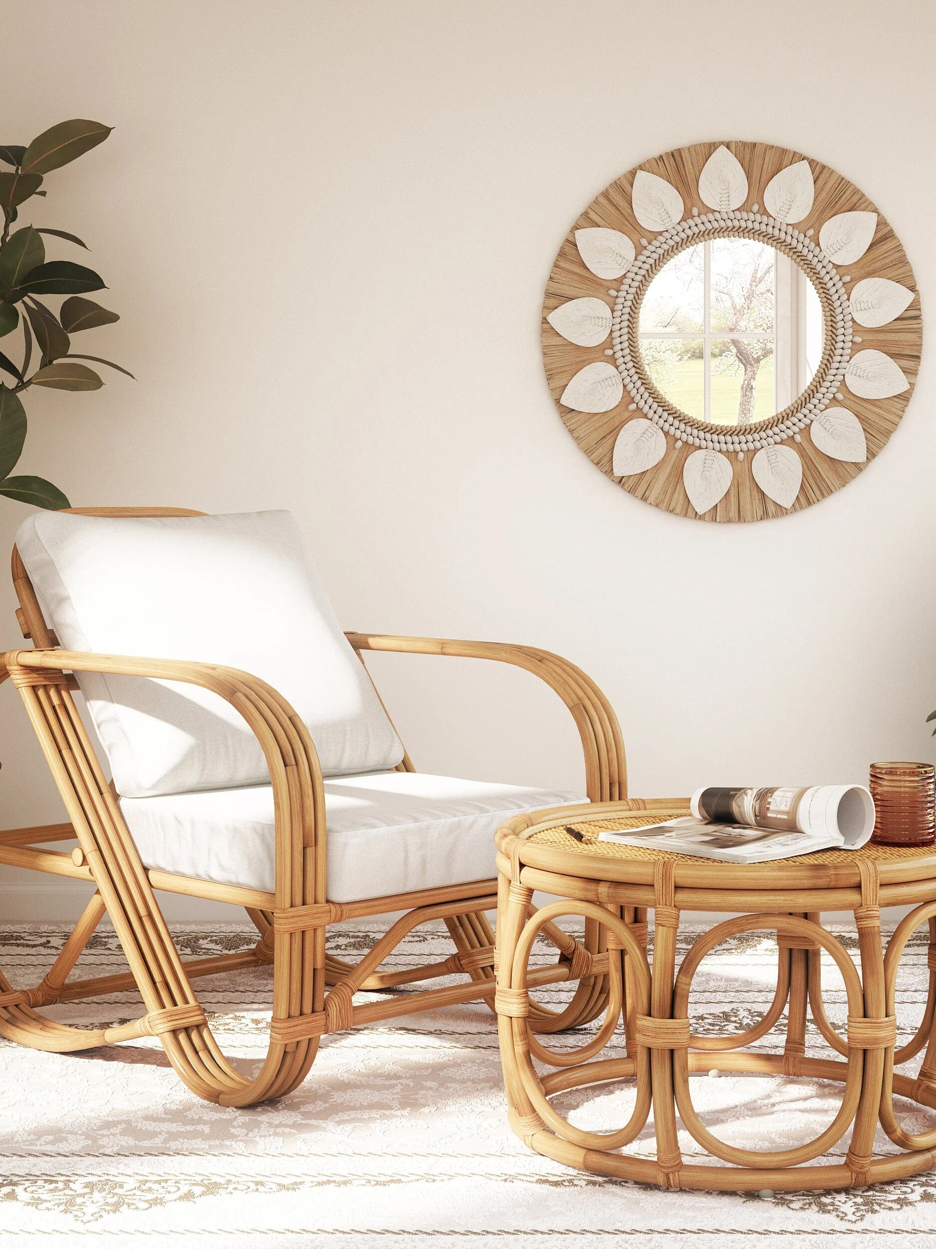 A rattan chair and table in a living room.