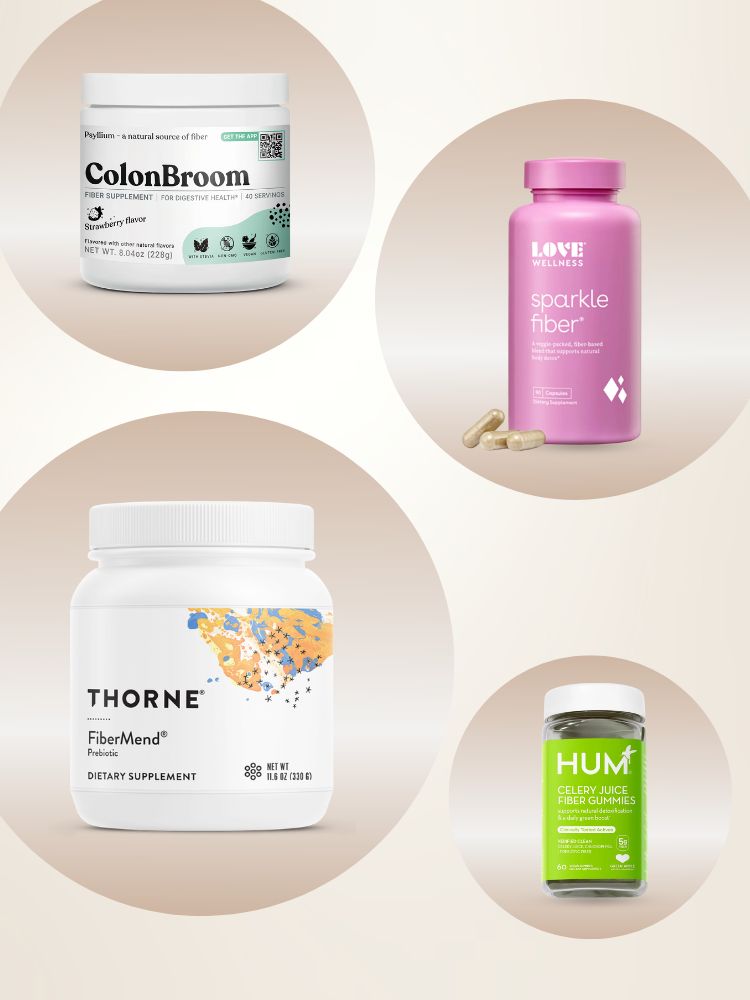 Four different fiber supplement products displayed against a light background, including brands like colonbroom and thorne.