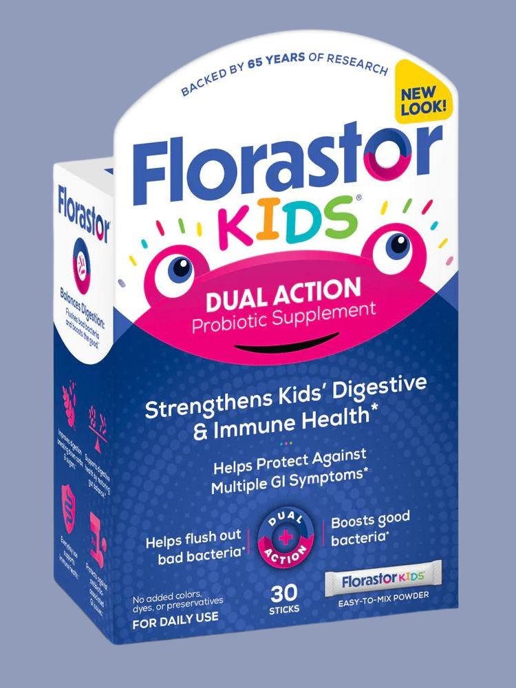 Florastor kids probiotic supplement packaging highlighting immune and digestive health benefits for children.