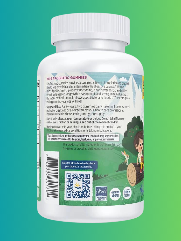 A container of kids' probiotic gummies against a gradient background, displaying nutritional information and a qr code on the label.