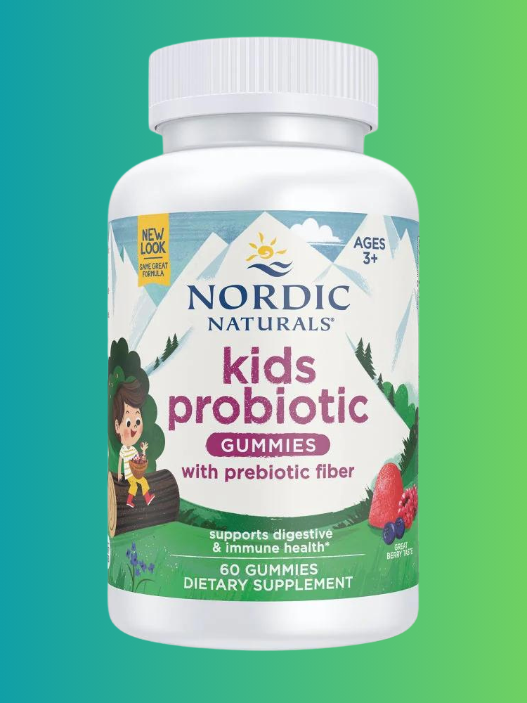 Bottle of nordic naturals kids probiotic gummies with prebiotic fiber against a two-tone background.