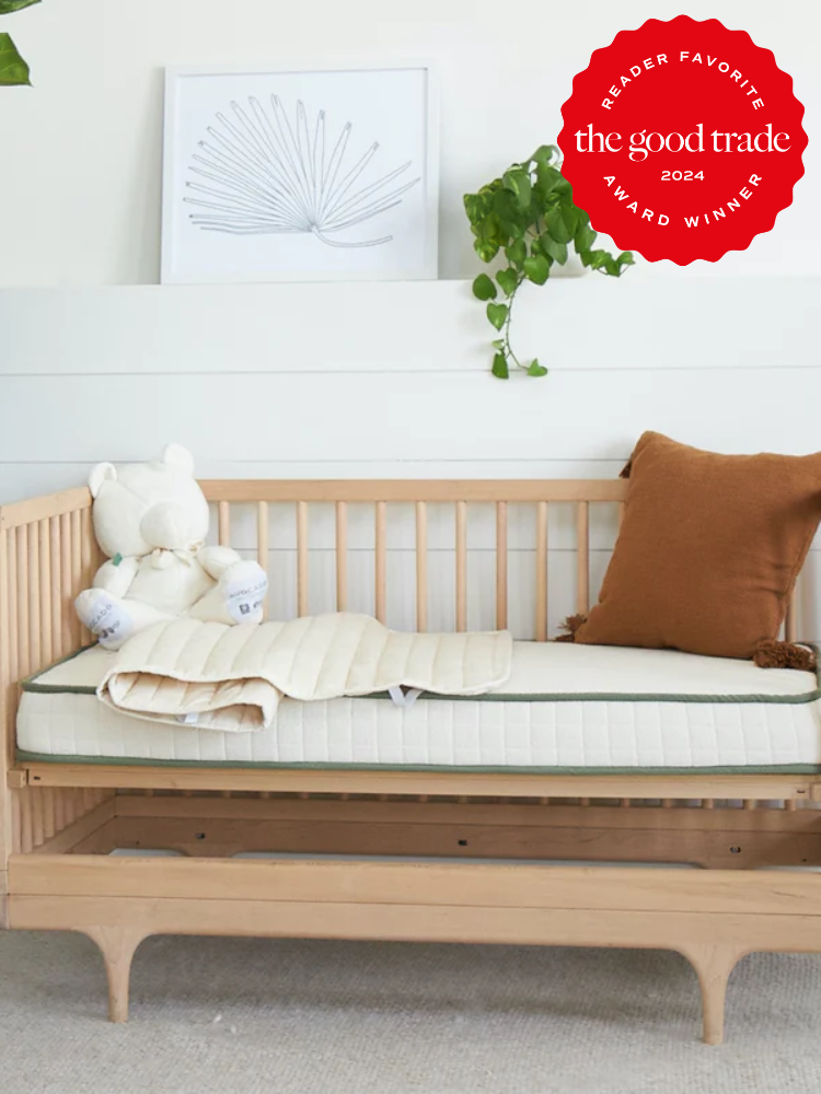A cozy wooden bench with a striped cushion, teddy bear, and brown pillow against a white wall with a framed leaf print. an award badge for "reader favorite, the good trade, yard winner 2024" is displayed in the corner.