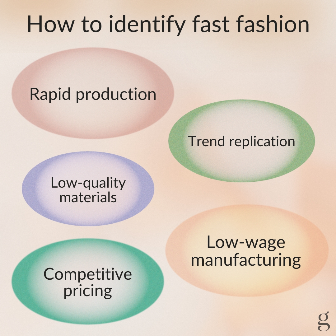 Graphic showing four key identifiers of fast fashion: rapid production, trend replication, use of low-quality materials, and competitive pricing, each labeled within colored ovals.