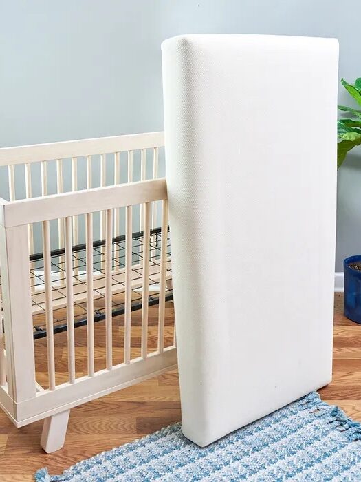 A white baby crib next to a standing mattress in a room with a blue striped rug and a plant.