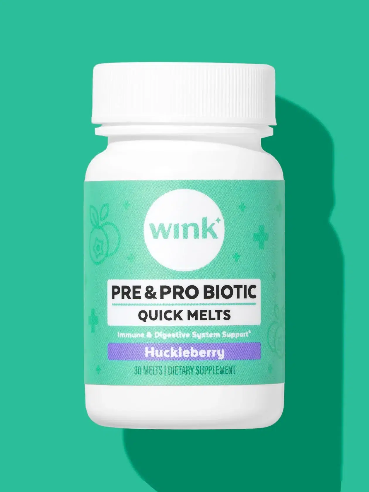 A bottle of wink pre & pro biotic quick melts in huckleberry flavor against a green background.