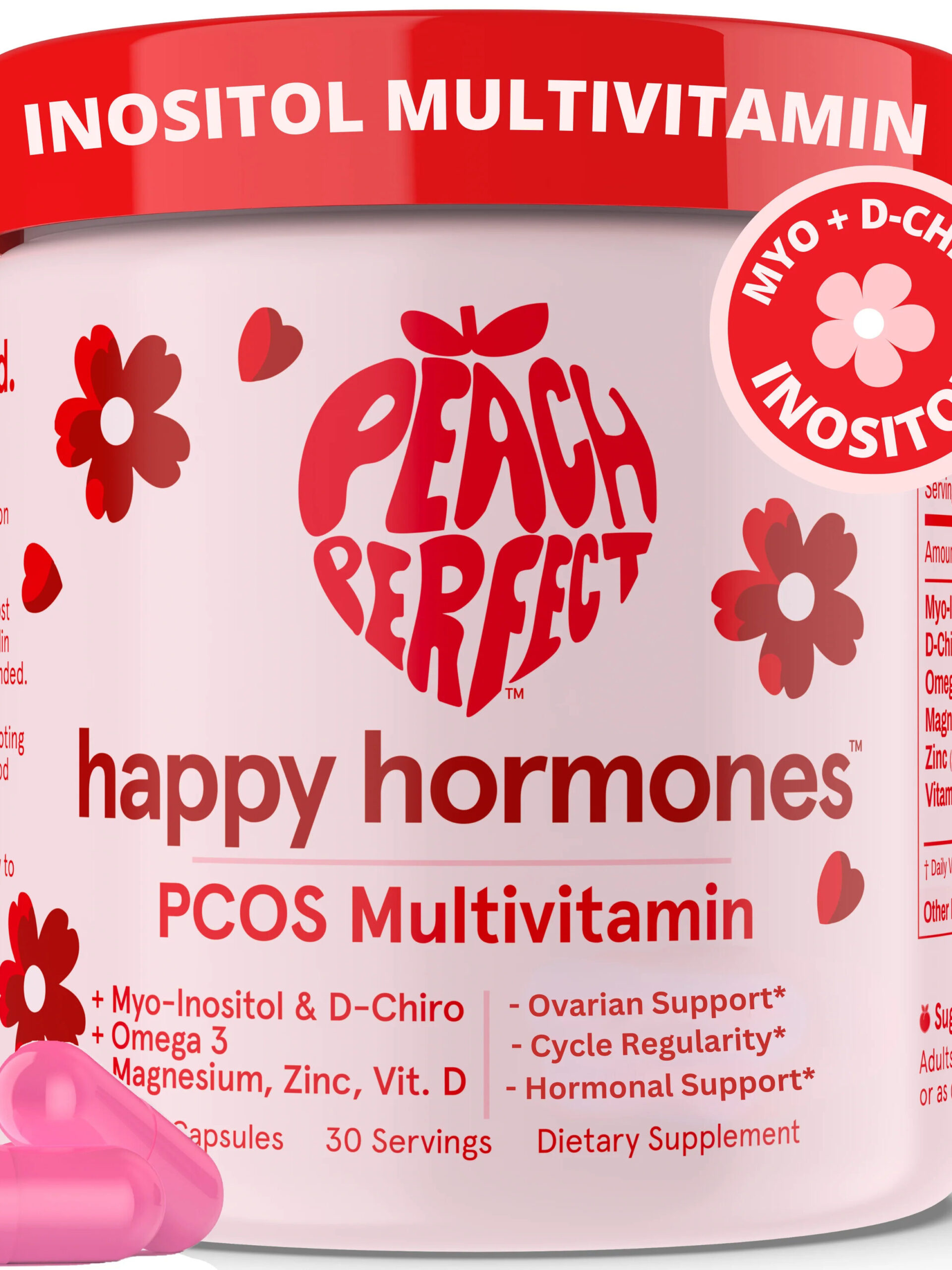 A container of "peach perfect happy hormones" multivitamin supplement with floral designs, emphasizing support for ovarian and hormonal health.