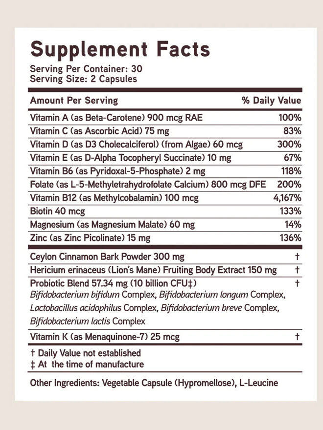 Image of a nutritional label for a zinc supplement listing serving size, amount per serving, and percentage of daily values for various vitamins and minerals.