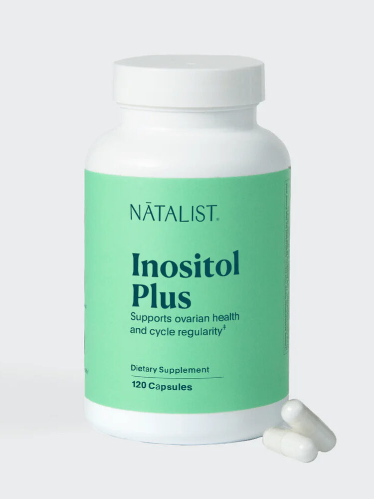 A bottle of natalist inositol plus dietary supplement with the label displaying it supports ovarian health and cycle regularity, containing 120 capsules, set against a plain background.