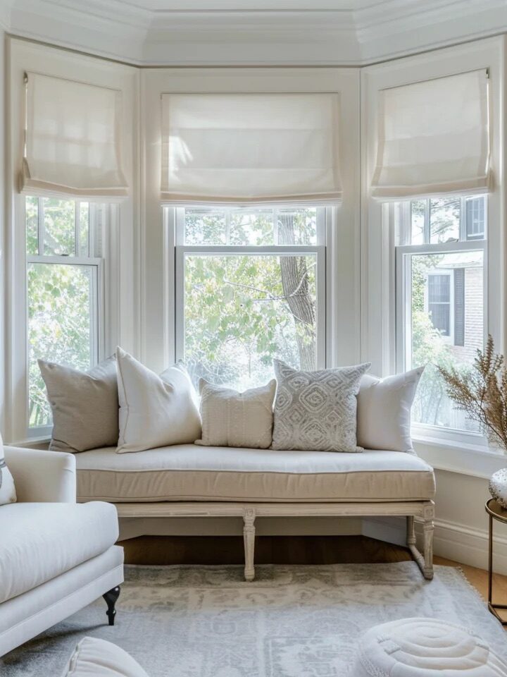 A cozy nook with a built-in bench featuring several cushions, surrounded by large bay windows with a view of trees, in a room with neutral decor.