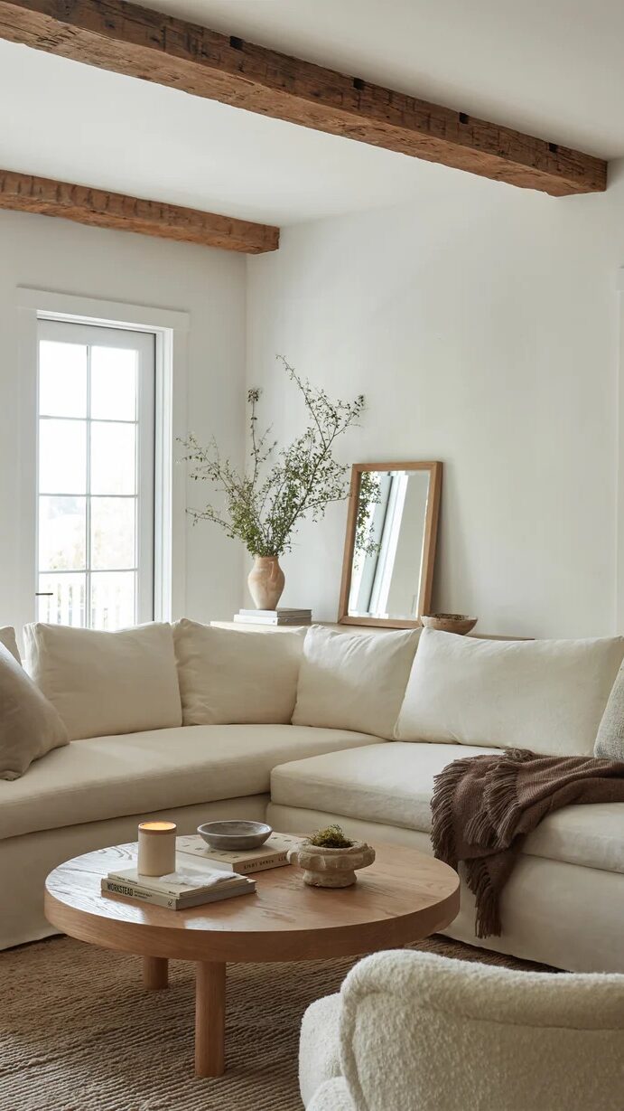 A cozy living room features a white sectional sofa with neutral cushions, a round wooden coffee table with a candle and book, a vase with greenery, and exposed wooden beams on the ceiling.