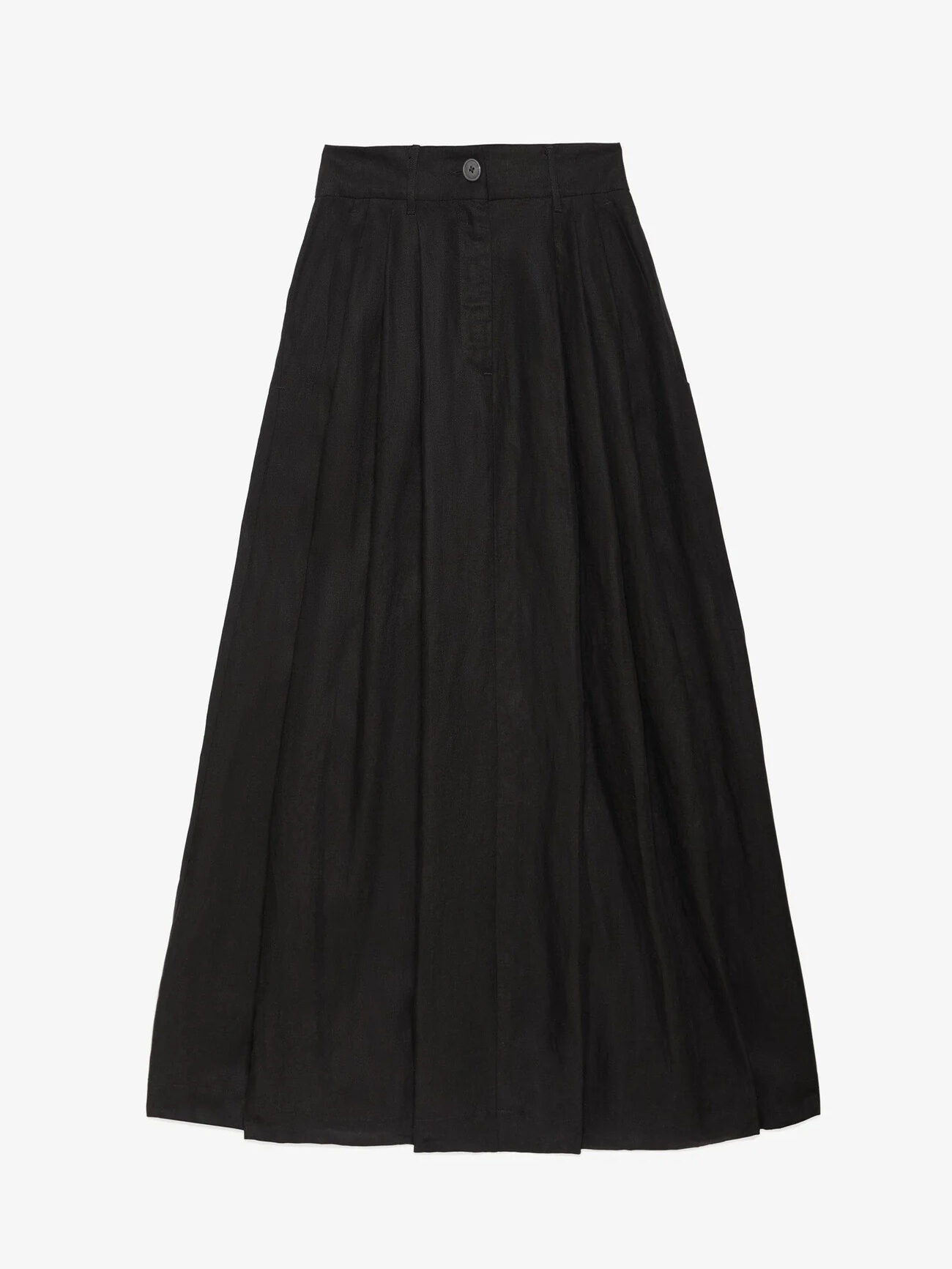 Black pleated midi skirt isolated on white background.