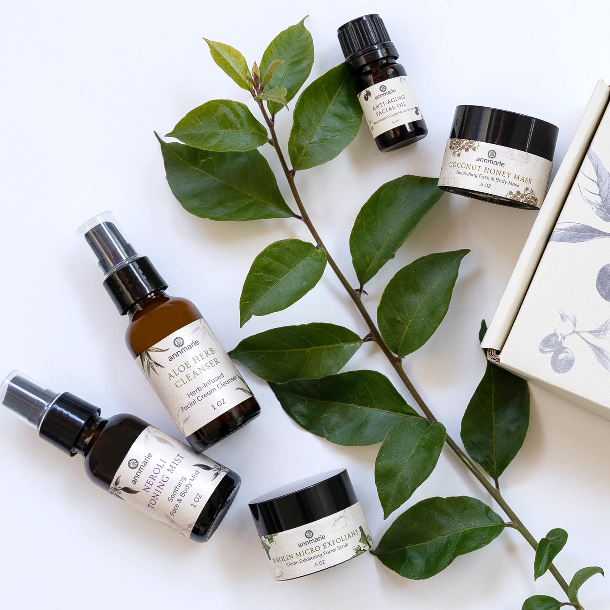 Several skincare products in jars and bottles are arranged with green leaves and a floral-patterned box on a white background.