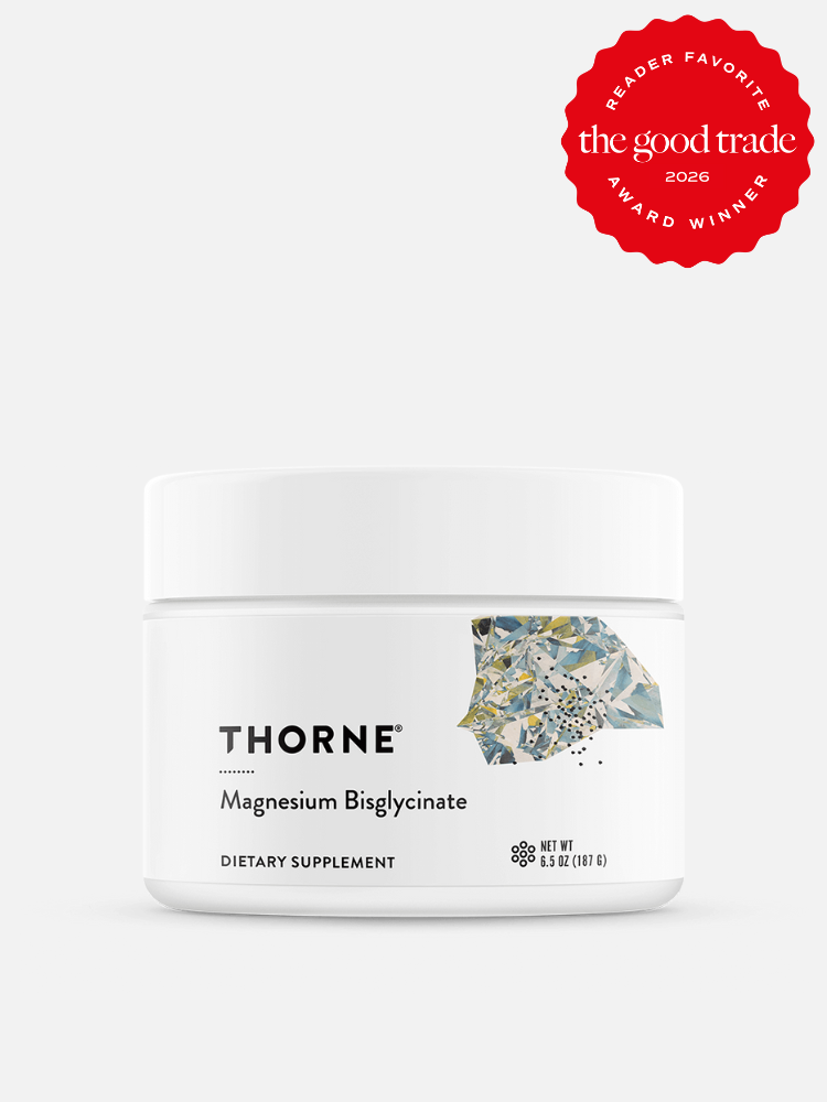 A white jar of Thorne Magnesium Bisglycinate dietary supplement is shown with a red "Reader Favorite The Good Trade Award Winner 2026" badge in the top right corner.