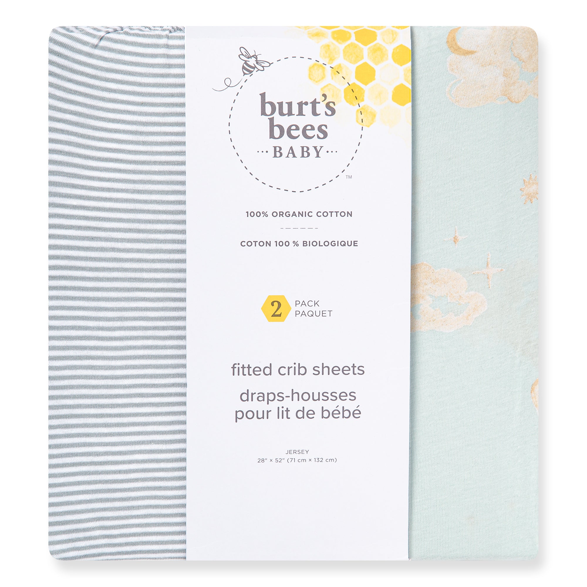 Two-pack of Burt's Bees Baby fitted crib sheets in organic cotton, with one sheet striped grey and white, and the other light blue with clouds and stars pattern.