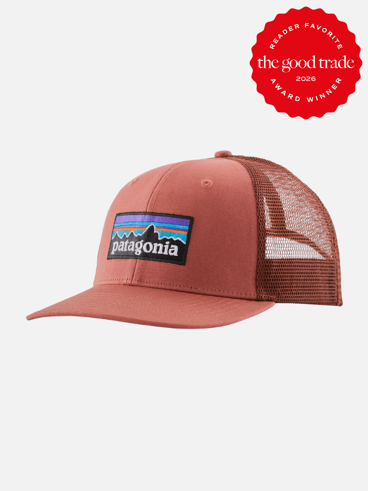 A brown and rust-colored Patagonia trucker hat with mesh back and logo patch, displayed on a white background. A red "The Good Trade Award Winner 2026" badge is in the top right corner.