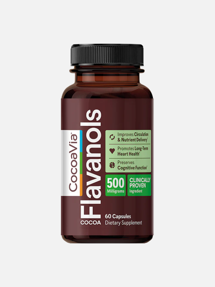 A brown bottle labeled "CocoaVia Flavanols" dietary supplement with 60 capsules, highlighting 500mg cocoa flavanols and clinically proven health benefits on the front.