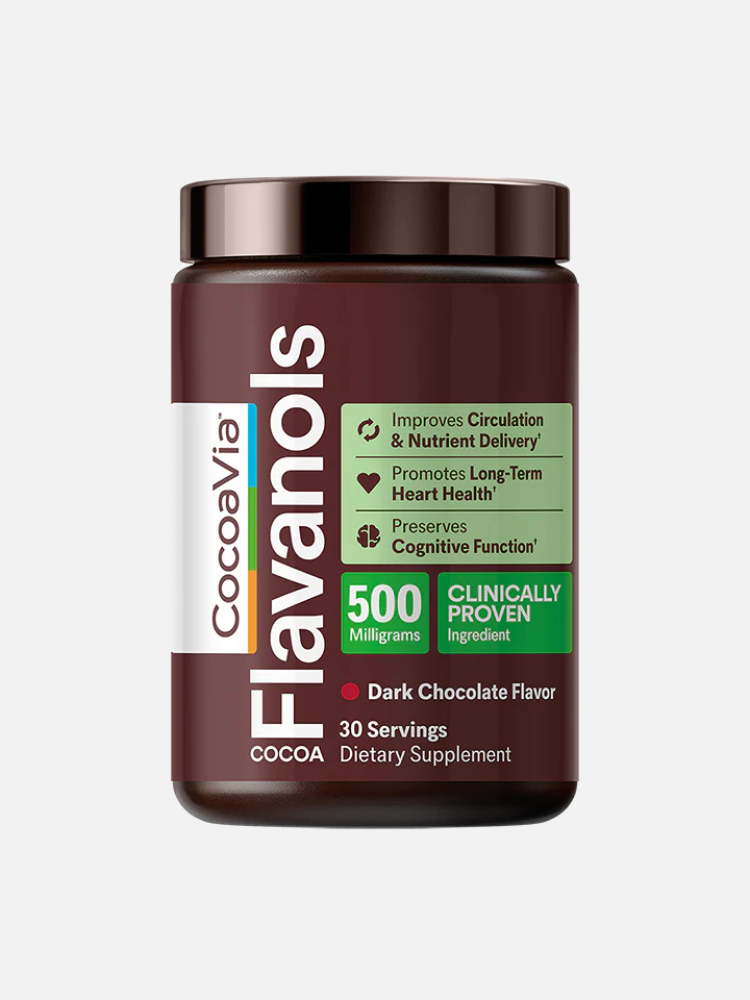 A jar of CocoaVia Flavanols dietary supplement, dark chocolate flavor, featuring health benefit claims and 500 mg per serving, with 30 servings per container.