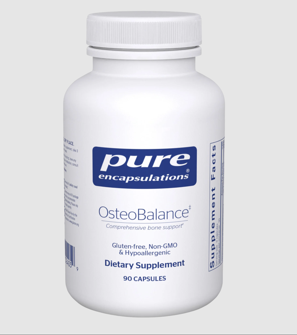 A white bottle labeled "Pure Encapsulations OsteoBalance+ Dietary Supplement" containing 90 capsules, with "gluten-free, non-GMO & hypoallergenic" noted on the front.