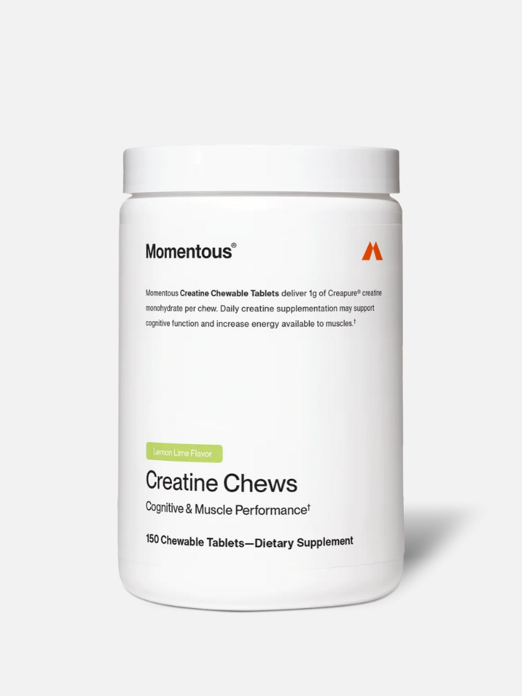 White container of Momentous Creatine Chews, lemon lime flavor, labeled as a dietary supplement for cognitive and muscle performance with 150 chewable tablets.
