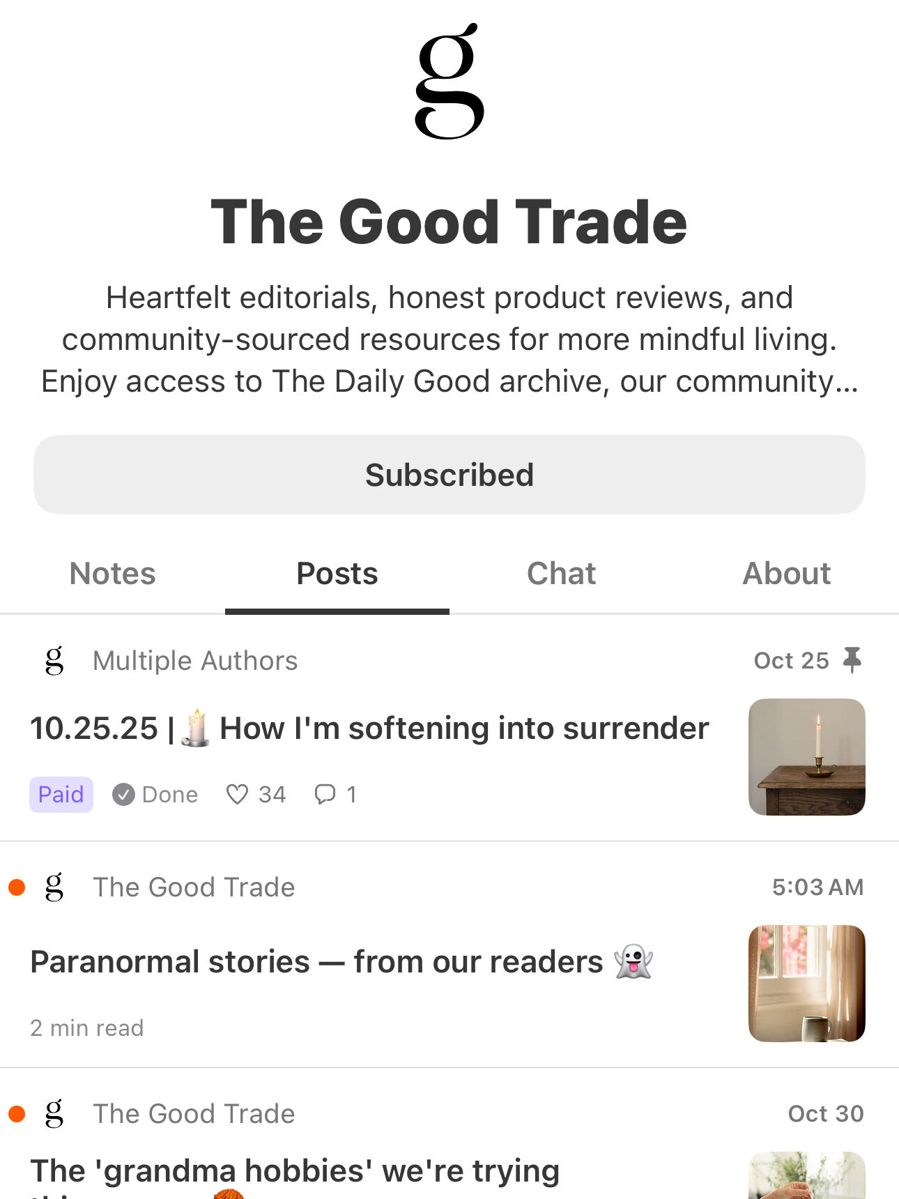 A mobile screen showing The Good Trade’s posts, including articles on surrender, paranormal stories, hobbies, and friendship, with dates, read times, and icons for interactions.