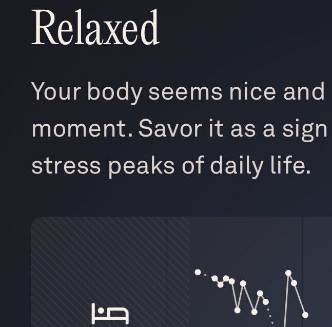 A health app screen shows stress tracking data, indicating the user is currently relaxed, with a line graph of stress levels from midnight to 6 pm.