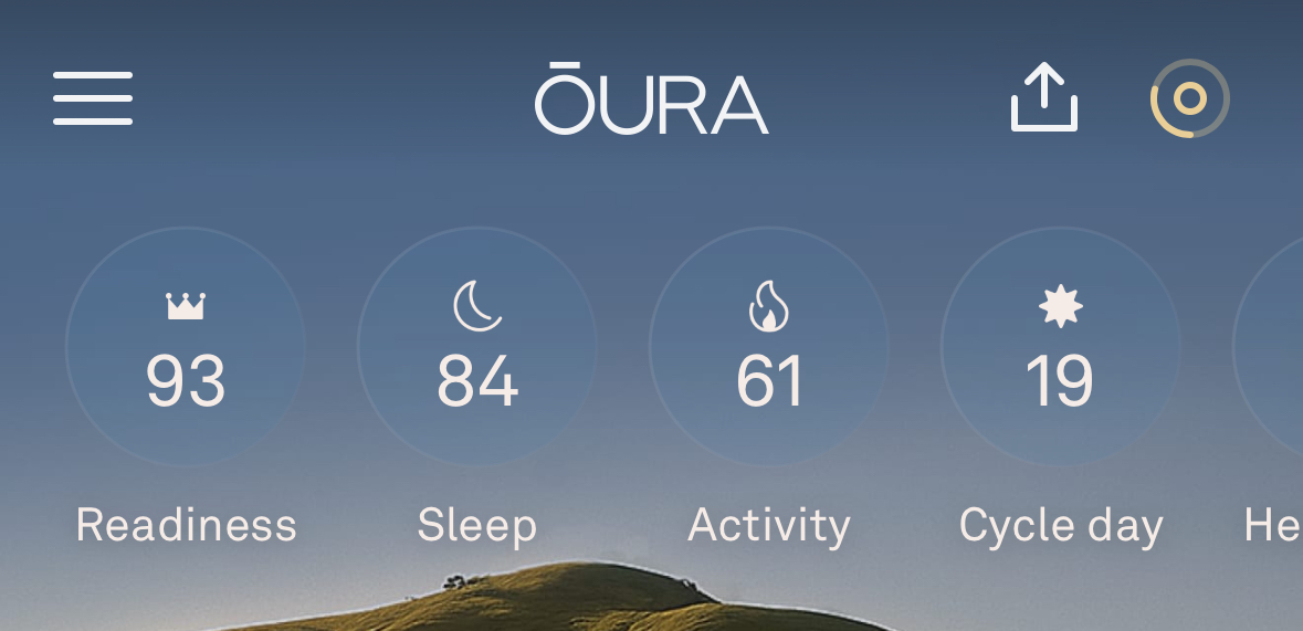 Screenshot of the Oura app displaying scores for readiness (93), sleep (84), activity (61), and cycle day (19) against a blue gradient background.