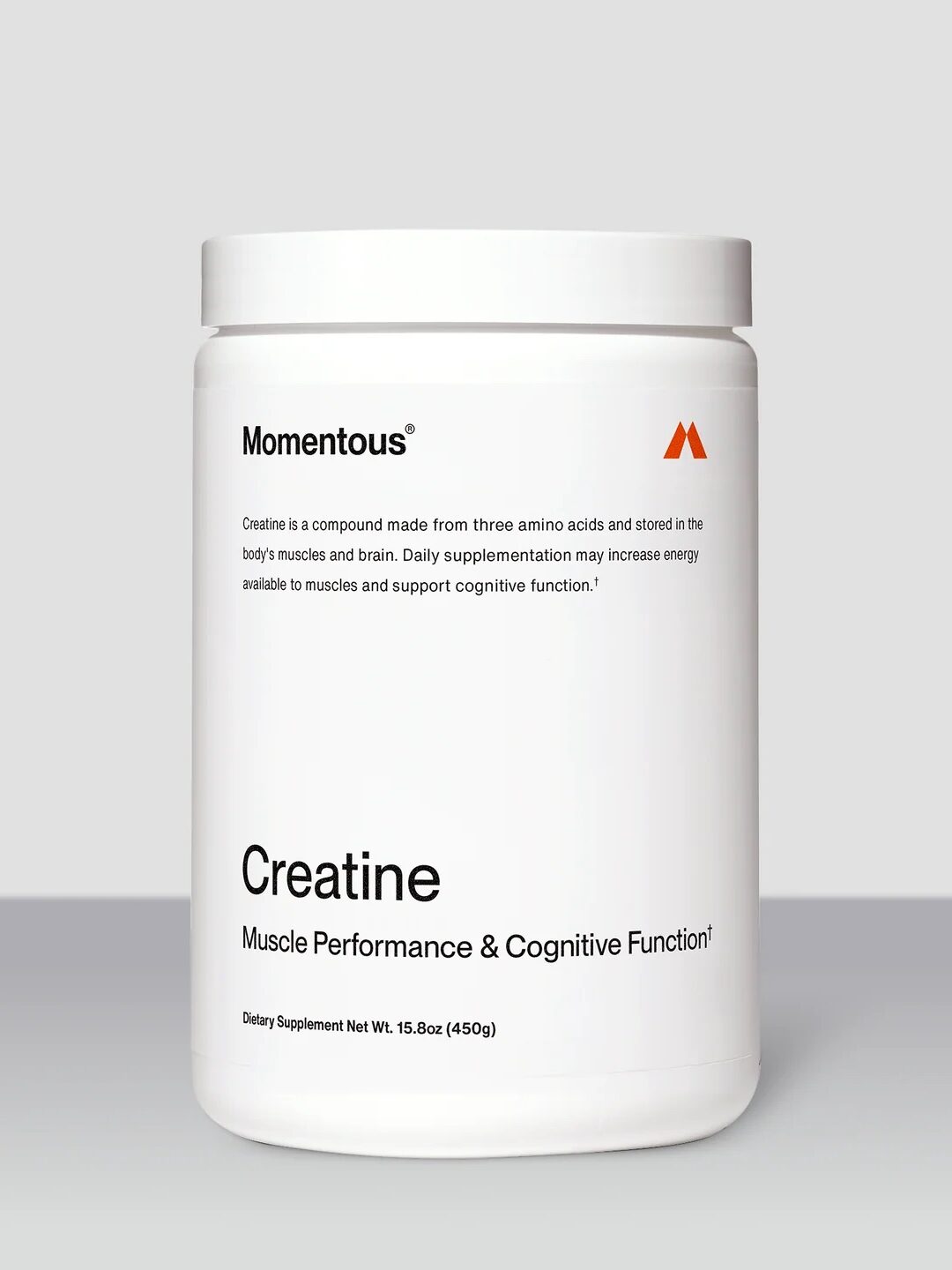 A white container of Momentous Creatine supplement labeled for muscle performance and cognitive function, with 16.5 oz (468g) net weight.