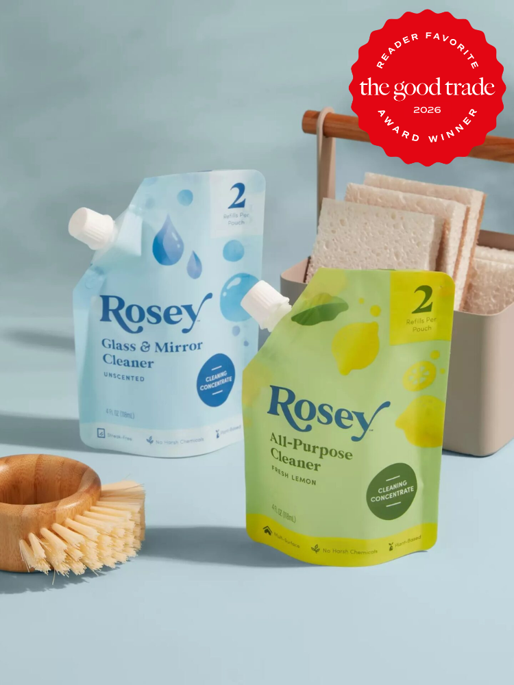Two pouches of Rosey cleaning concentrate, one for glass and mirrors and one all-purpose, are displayed with a scrub brush and cleaning cloths against a light blue background.
