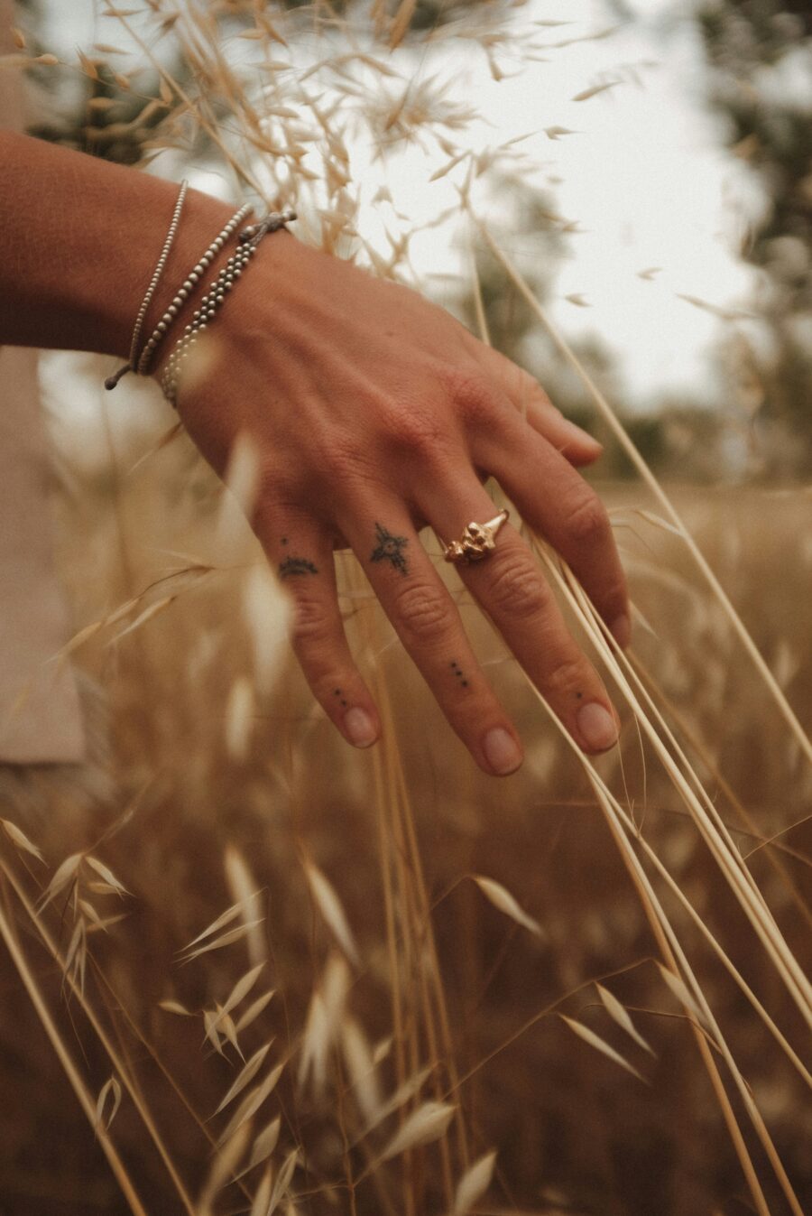 A hand with tattoos, a ring, and bracelets gently touches tall, dry grass in an outdoor setting.