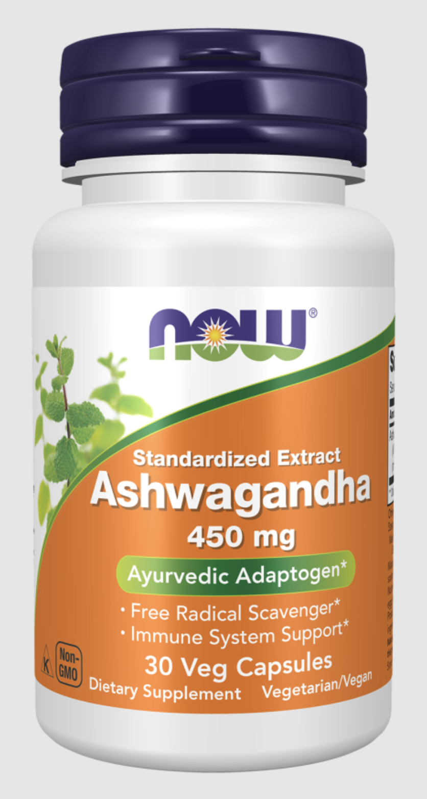 A bottle of NOW Ashwagandha Standardized Extract, 450 mg, 30 vegetarian capsules, labeled as Non-GMO, for immune support and free radical scavenging.