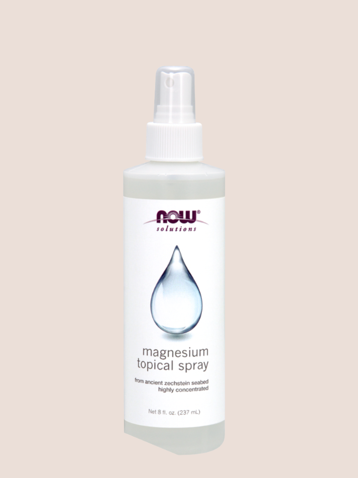 A bottle of NOW Solutions magnesium topical spray with a spray nozzle, containing 8 fl oz (237 ml), is shown against a plain background.