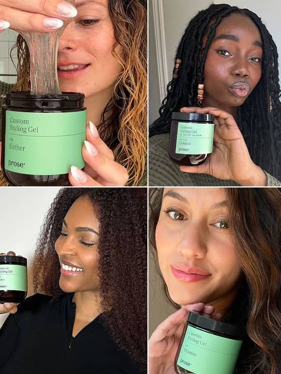 Four women with different hair types hold and display jars of Prose Custom Styling Gel, with one woman showing the gel’s texture.