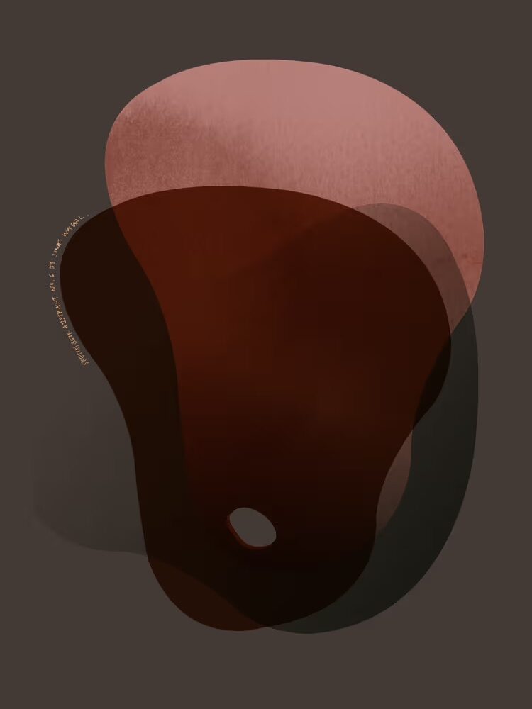 Abstract digital art featuring overlapping, semi-transparent organic shapes in shades of brown and pink on a dark background, with a small circular cutout near the bottom.