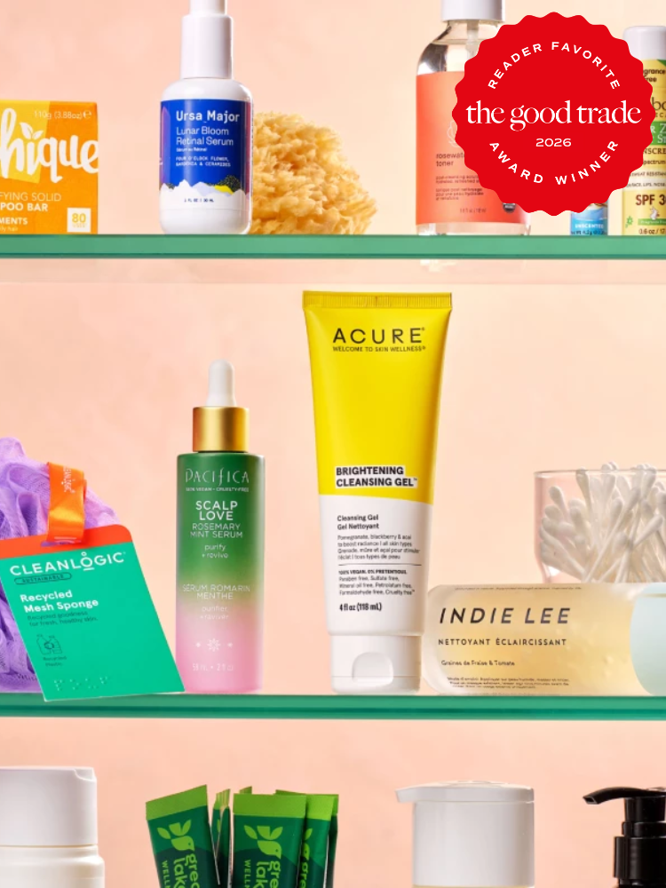 A variety of skincare and haircare products are arranged on glass shelves, including bottles, tubes, and boxes—a perfect display for online shopping—with a red "Reader Favorite Award Winner 2026" badge in the corner.