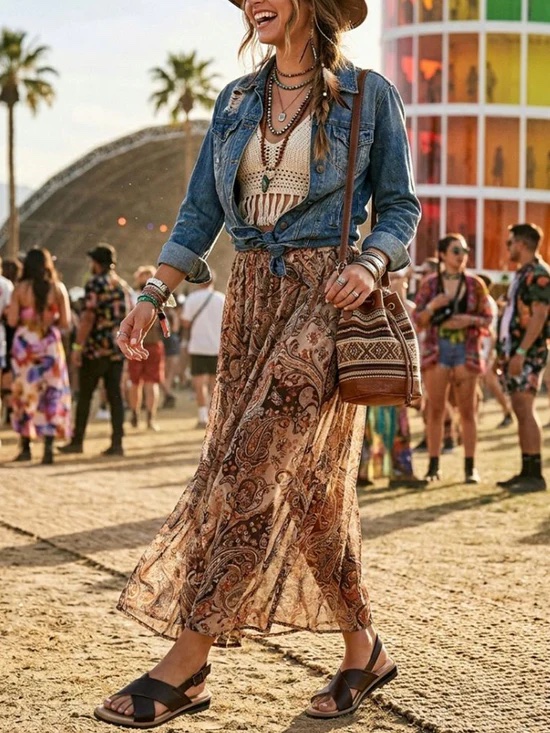 Woman wearing a denim jacket, patterned maxi skirt, huarache sandals, and hat walks at an outdoor festival with colorful buildings and other people in the background.