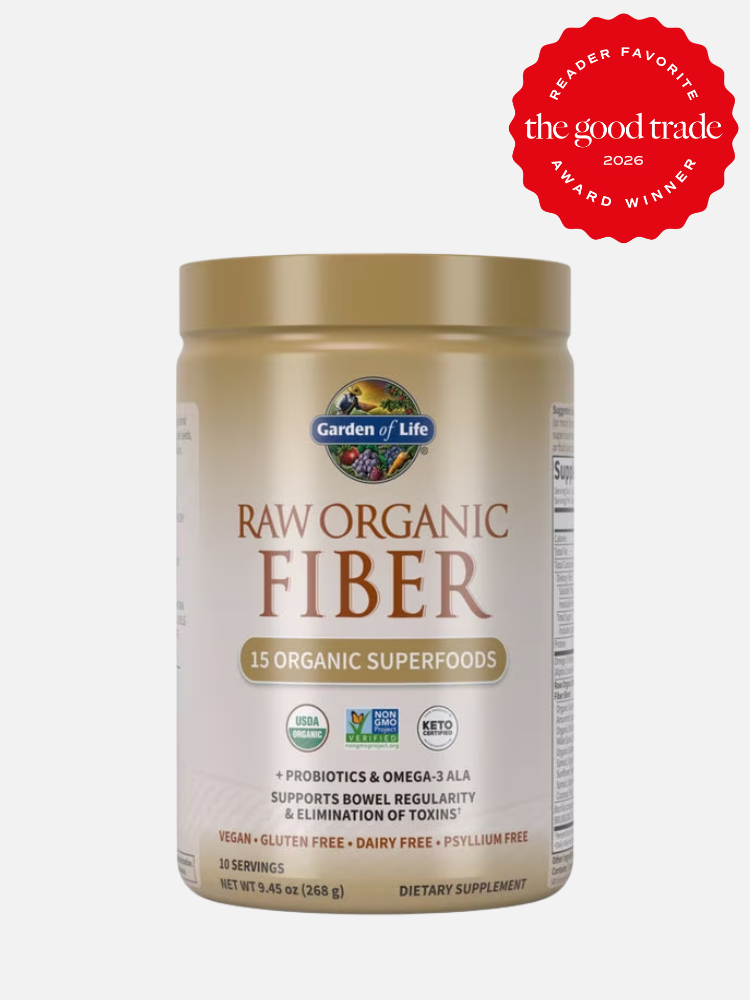 A container of Garden of Life Raw Organic Fiber dietary supplement, one of the leading fiber supplements for women, featuring 15 organic superfoods, probiotics, and omega-3, with an award badge from The Good Trade.