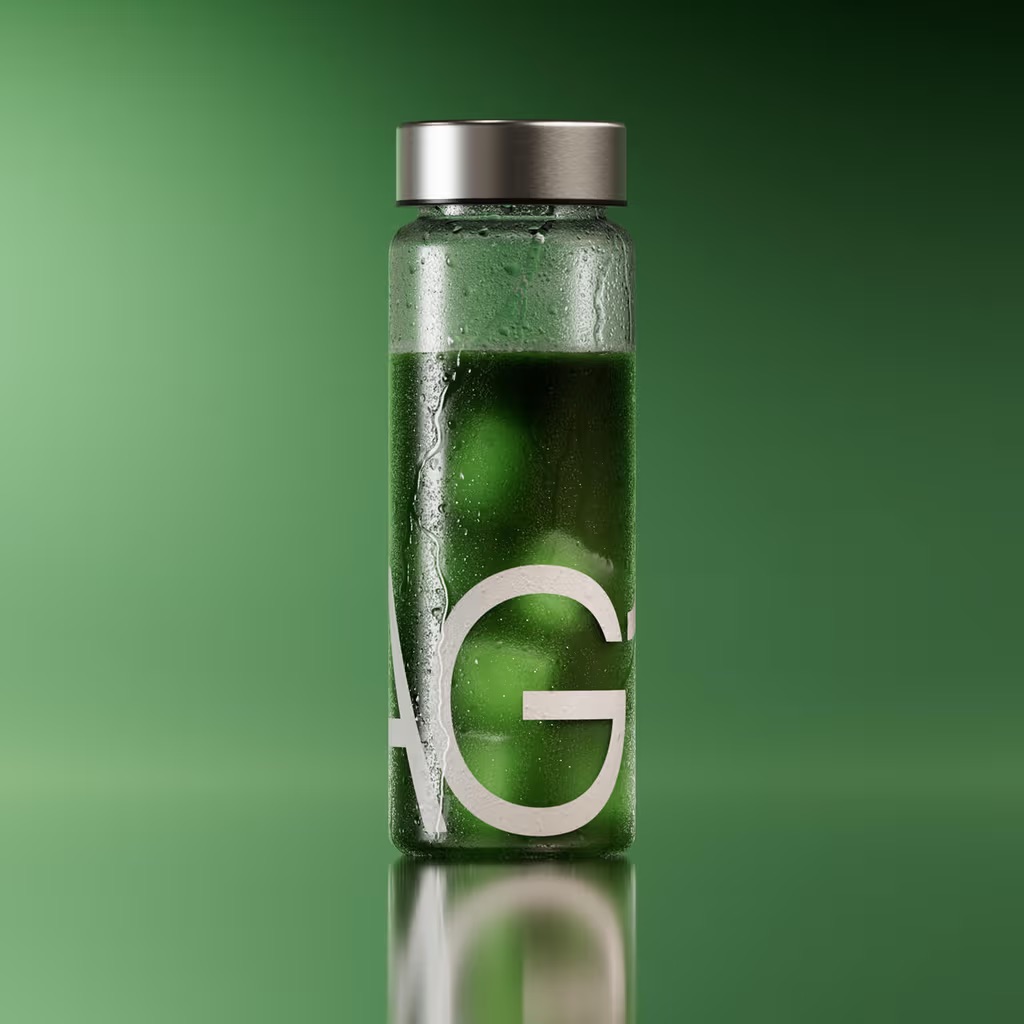 A clear glass bottle with a silver lid containing a green liquid, partially covered in condensation, against a green background with large white letters partially visible.
