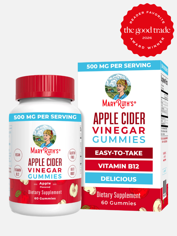 MaryRuth’s Apple Cider Vinegar Gummies bottle and box, labeled with benefits like Vitamin B12 and easy-to-take, with a “Reader Favorite” award badge from The Good Trade 2026.