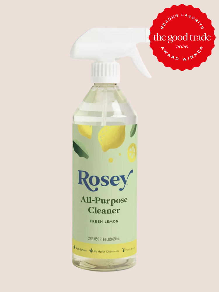 A spray bottle of Rosey All-Purpose Cleaner in fresh lemon scent is shown with a red "The Good Trade Reader Favorite Award Winner 2026" badge in the top right corner.