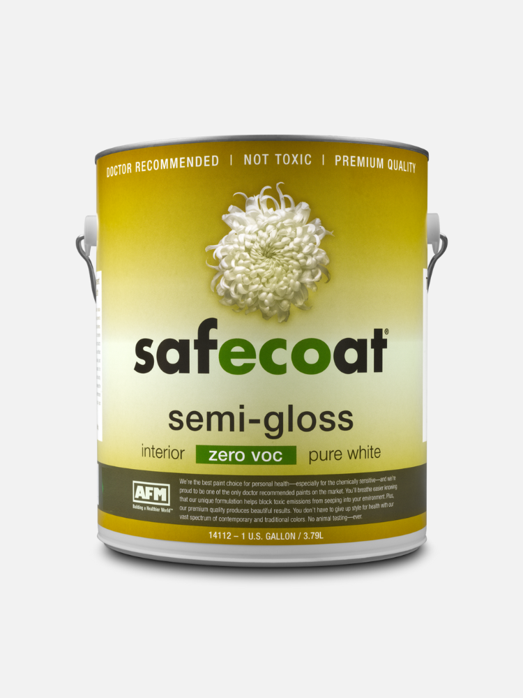 A can of Safecoat semi-gloss interior paint in pure white, labeled as zero VOC, non-toxic, premium quality, and doctor recommended.