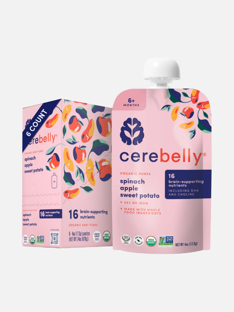 A pouch and box of Cerebelly organic baby food puree, spinach apple sweet potato flavor, for ages 6+ months, highlighting 16 brain-supporting nutrients.